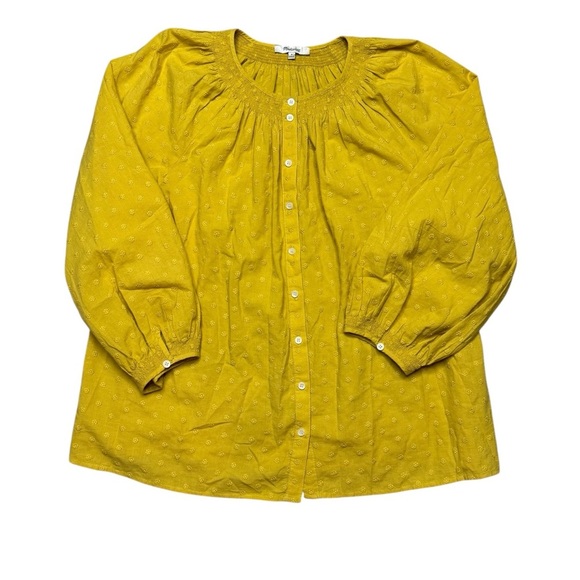 Madewell Yellow Floral Embroidered Smocked-Neck Raglan Top Feminine Size Medium - Picture 1 of 3